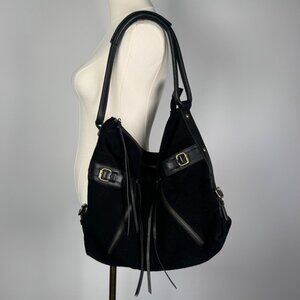 Club Monaco Black Suede Leather Hobo Shoulder Bag with Tassel Pull